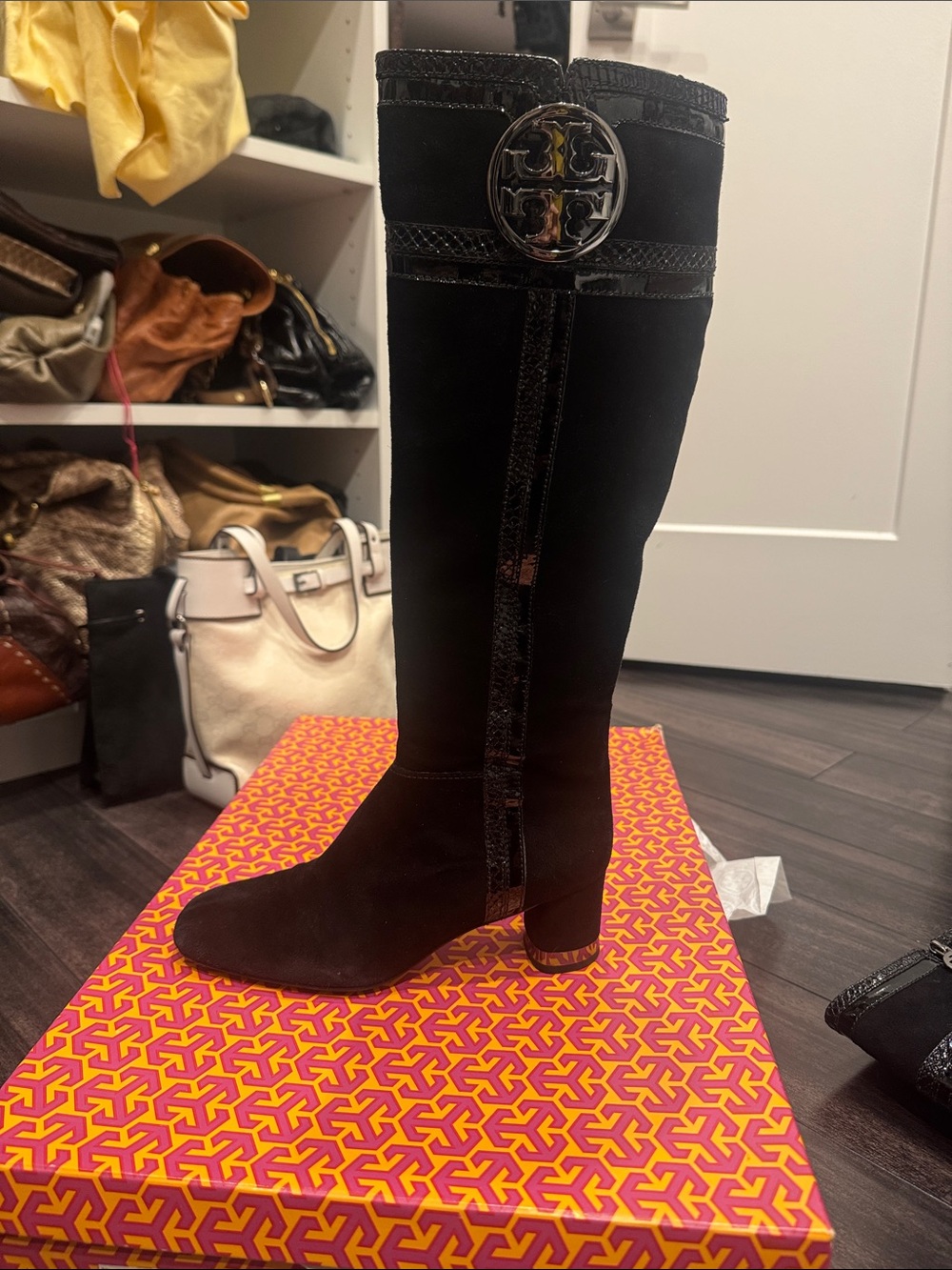 Tory Burch Black Suede snake Knee-High Logo Boots